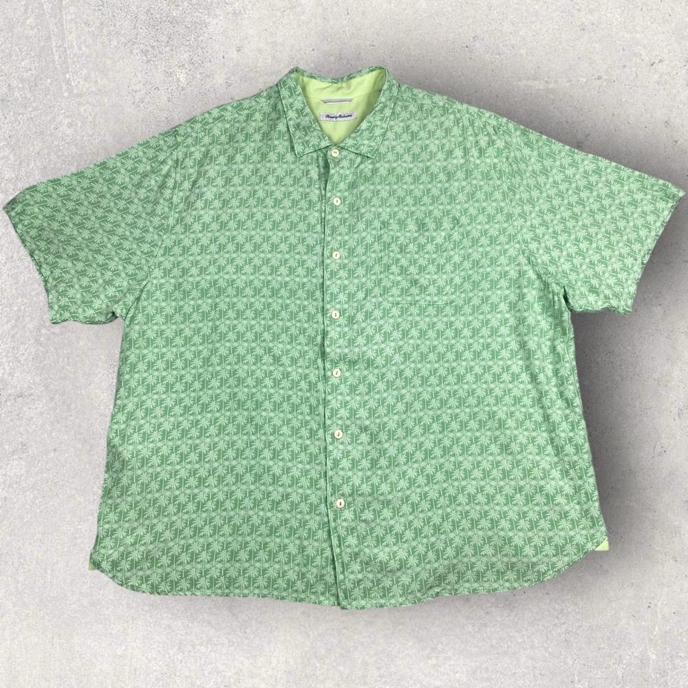 Tommy Bahama Mens 2XLB Green Hawaiian Shirt Tropical Floral Palm Tree Print XXLB
